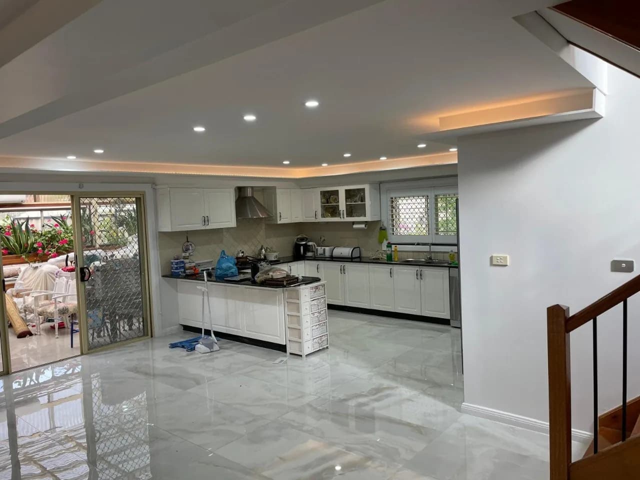 Kitchen suspended ceiling plastering with recessed downlights, Northern Beaches home